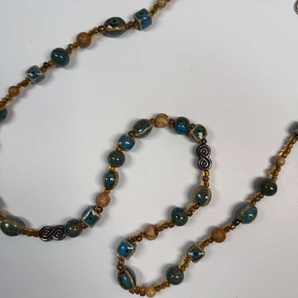 Artisan Boho Glazed Ceramic and Stone Beaded Necklace Blue Brown Teal 30 Inch